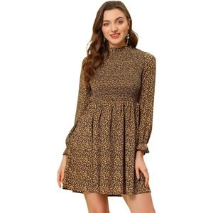 Allegra K Women's Floral Ruffle Neck Long Sleeve A-Line Smocked Dress Size M